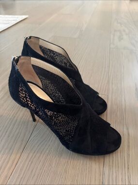 Jimmy Choo Black Suede Peep-Toe Lace Cutout Heels